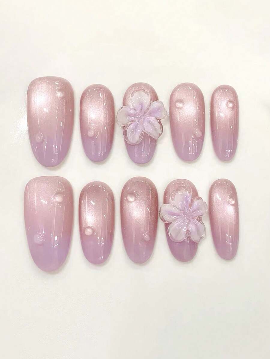 10pcs Pure Handamde Press On Nails Long Nails Almond Nails Purple Nails Dreamy Fairy Style Purple Gradient Cat Eye, 3d Flowers And Water Drop Accents, Cute And Gentle Press-On Nails For Women And Girl,Spring Summer Fall Winter Festivals Party And Dailys Life Use - Purple - View 1