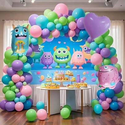 136 piezas Arco de globos con tema de monstruos para fiesta, 10 piezas de globos de látex de 5 pulgadas en azul, rosa, morado y verde con patrón de corazón, globos de aluminio con diseño de monstruos, adecuado para cumpleaños, revelación de género y otras decoraciones de fiesta con tema de monstruos