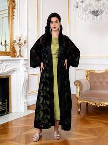 2026 New Style Ramadan Traditional Elegant Jacquard Fabric Arabic Women's Dress JALABIA Two Pieces Set, Collarless Belted Sleeveless Robe, Black & Green - Black - View 6