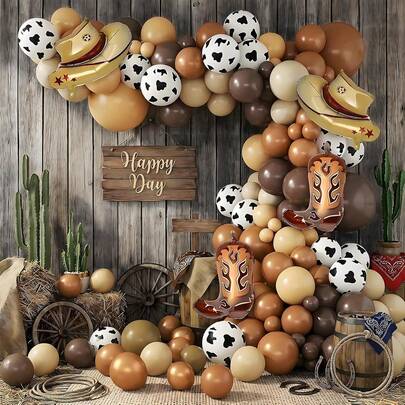 129pcs Western Cowboy Balloon Arch Set, Including Brown & Coffee Retro Latex Balloons, Cowboy Hats, Cowboy Boot Foil Balloons, Western Cowboy Party Decorations, Cowboy Pattern Balloons. Suitable For Farm Theme Party Supplies, Baby Christening, Outdoor Country, First Rodeo, Birthday Party Decor.
