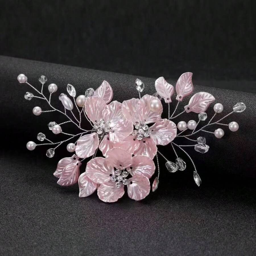 1pc Light Pink Flower & Pearl Handmade Hair Comb Accessory For Women - Pink - View 1