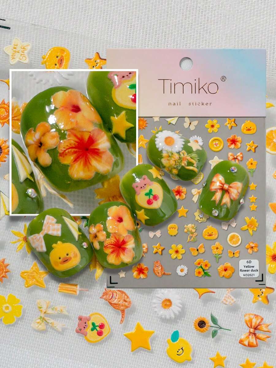 1 张可爱黄色小鸭、阳光、花卉美甲贴纸，包含黄色小鸭、橙色小猫、泰迪熊、企鹅、小鸟、向日葵、雏菊、橙花、星星、蝴蝶结、冰棒、橙片、樱桃、格子爱心、纸飞机、蝴蝶和手写英文文字等可爱图案，风格欢快、卡通，充满秋日阳光气息，适合休闲外出、周末旅行和与家人共度美好时光。 - 彩色 - 查看 1