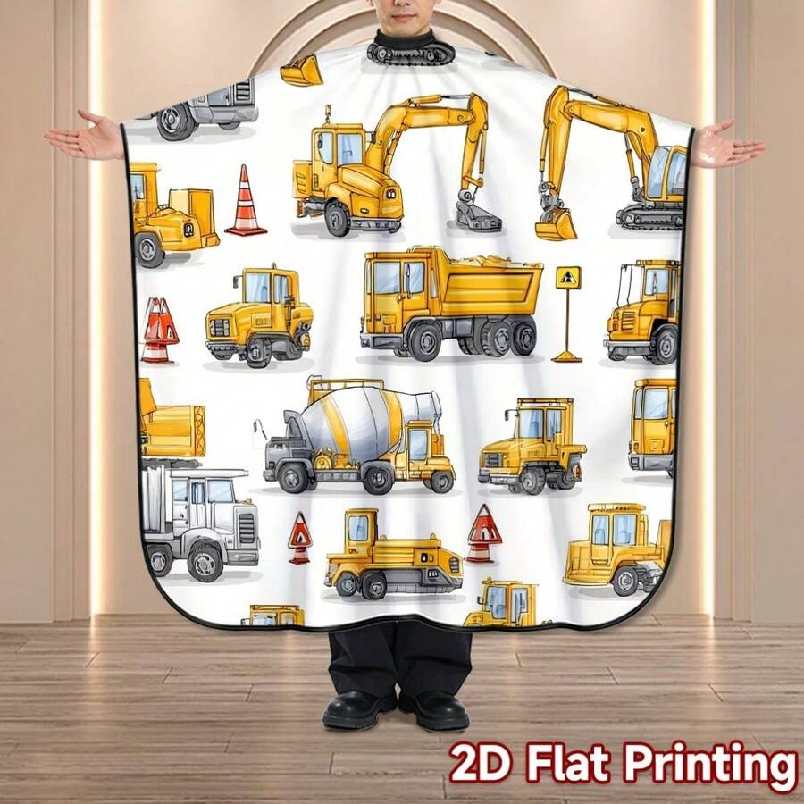 Professional Hairdressing Cape, 2D Flat Design, Featuring Yellow Construction Vehicle Pattern. This High-Quality Printed Hairdressing Cloth Is Made Of Durable Polyester Fabric, Easy To Clean, And Has Adjustable Fit - Multicolor - View 1