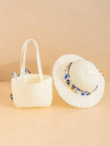 2pcs/Set Girls Floral Bucket Hat & Floral Bag, Suitable For Girls Spring/Summer Outings And Vacations, Daily Wear Sun Protection - White - View 2