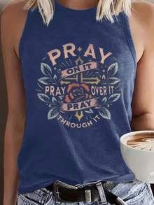 Leisure "Pray, Pray, Pray" Christian Faith Inspirational Graphic Print Tank Top - Women's Casual Teal Sleeveless Tank Top, Soft, Breathable Loose Fit Summer T-Shirt - Perfect For Easter, Church Events, Thanksgiving Christian Gifts Pure Cotton 2026 - 黑色 - 查看 2