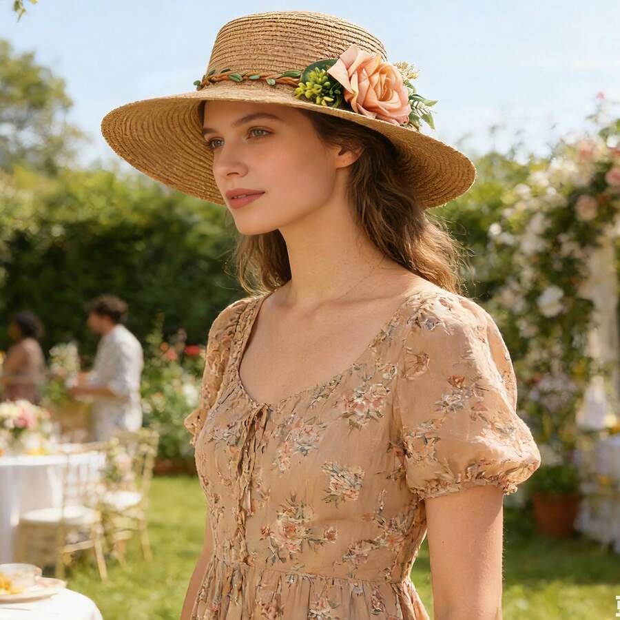 JEWELRYWE Women's Straw Sun Hat, 3D Artificial Flower Decoration, Flat-Top Sun Protection Hat, Vacation Style Beach Hat, Suitable For Summer Outdoor Casual - 米色 - 查看 1