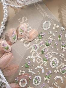 1 pieza Pegatina de arte de uñas 5D con perlas y tulipanes franceses de primavera, decoraciones de uñas con flores de tulipán delicadas y lindas - Multicolor - Ver 3