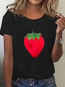 Women's Printed Casual Slim-Fit Cotton Short-Sleeved T-Shirt, Featuring A Delicate Strawberry Print, Soft And Comfortable, Perfect For Everyday Wear And Versatile. - Black - View 1