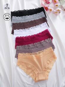 7 piezas de bragas triangulares de mujer de unicolor, algodón, encaje, patchwork, acanaladas, sexy, románticas, cómodas y de cintura baja - Multicolor - Ver 5