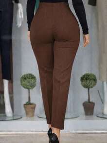 Women's Tailored Trousers ZR Skinny High Waist Slash Pockets Zipper Elegant Formal Look - Rỉ Nâu - Xem 3