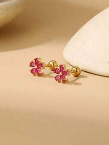 2pcs Fashionable And Lovely Flower & Cubic Zirconia Ear Studs For Women's Pierced Ears Valentines,Mom,Mother,Mother's Day,Gift - 金色深玫瑰紅 - 查看 5