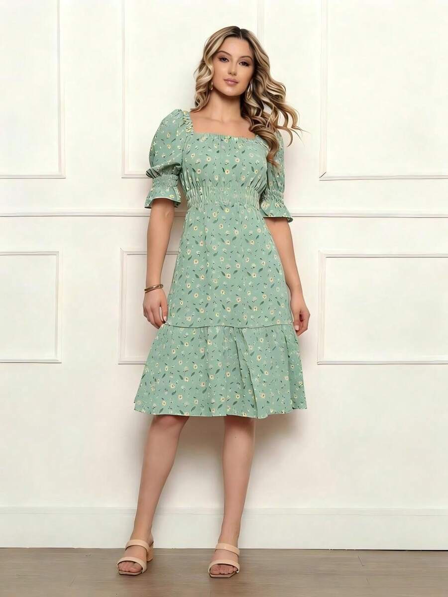 Women's Midi Dress With Floral Print, Square Neckline, Puff Sleeves, A-Line Silhouette, Ruffled Hem, Knee-Length. - 淡綠 - 查看 1