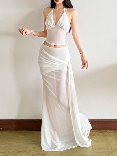 YeonC Women's Elegant White Halter Crop Top & Semi-Sheer Maxi Skirt Set, High Stretch Two Pieces For Formal Events