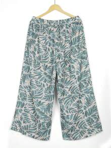 Plus Size Women's High Waist Floral Chiffon Wide Leg Loose Flowy Pants Spring - Green - View 6