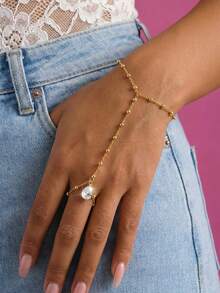 Hand Chain Bracelet With Heart Moon CZ Dangle For Women , Gold Plated Gold Beaded Ring Hand Chain Dainty Hand Chains Cubic Zirconia Finger Bracelet For Women Simple Body Jewelry For Elegant Daily Summer Jewelry - Gold - View 2