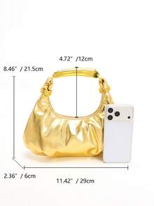 2026春夏新款女士手提包，纯色PU皮革，金属手柄，云朵形褶皱简约拼接优雅女士托特包，奢华褶皱包，适合晚宴等场合 - 金色 - 查看 3