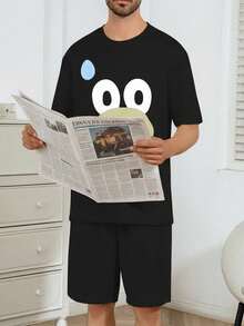 Conjunto de pijama casual para hombres, camiseta de cuello redondo con estampado de dibujos animados de manga corta y pantalones cortos, ropa de estar por casa cómoda y relajada para el verano - Multicolor - Ver 4