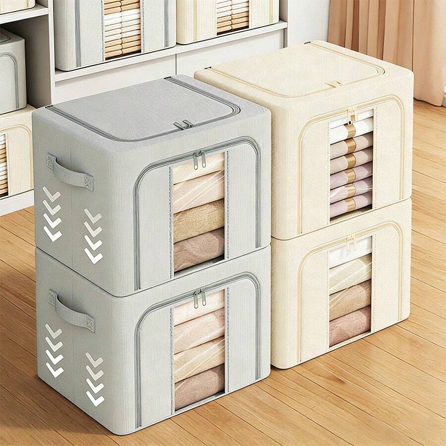 1pc Foldable Oxford Cloth Large Capacity Clothing Storage Box, Dustproof Moisture-Proof Wardrobe Storage Box With Antibacterial Moisture-Proof Zipper, Pants Categorization Storage Box - Light Grey - View 1