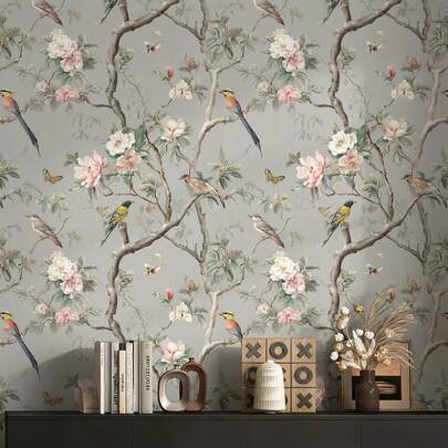 1卷手绘中国风花鸟自粘墙纸，乙烯基材质，即撕即贴，经久耐用且可移除，乡村风花卉、蝴蝶和鸟类墙纸，复古装饰墙贴，家居装饰，客厅装饰，神奇改造