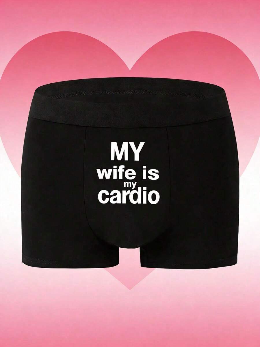 Men's "I Love My Wife" Letter Print Boxer Briefs, Funny Novelty Valentine's Day Gift Underwear, Stretchy Daily Wear Trunks - Black 2 - View 1