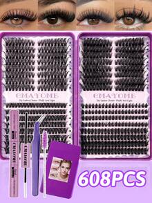 1 Set Eyelash Extension Kit, Includes Multi-Function Lash Book With 10-100D Fluffy Dense Lash Clusters, Multi-Function Brush, Tweezers And Professional Makeup Tools To Create Beautiful Spiky Lashes And Cartoon Lashes - Purple - View 13