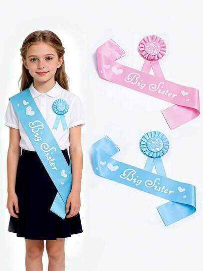 2pcs Baby Girl Shower Party Gift Set, Satin Sash With "Big Sister" Badge, Baby Shower Party Outfit, Baby Shower Party Decor
