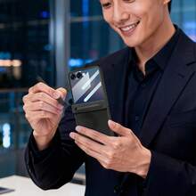 VIETAO 商務內置筆手機殼，適用於 Galaxy Z Flip 8 7 6 Flip6，人造皮革全包覆式保護殼，附隱私鋼化玻璃螢幕保護貼 - 黑色 - 查看 10