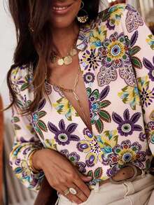 女士春夏新款全印花修身时尚立领长袖衬衫度假装 - 黃色 - 查看 3