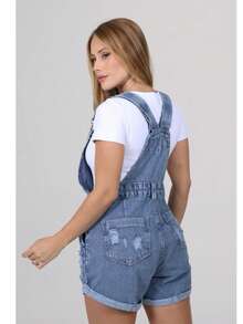 Jardineira Jeans Feminina Macacão Short  Mom Destroyed - Azul - Visão 4