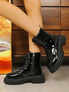 厚底英伦风米色亮面拉链短靴，百搭复古秋冬靴，适合青少年和女士，极其时尚的踝靴 - 黑色 - 查看 4