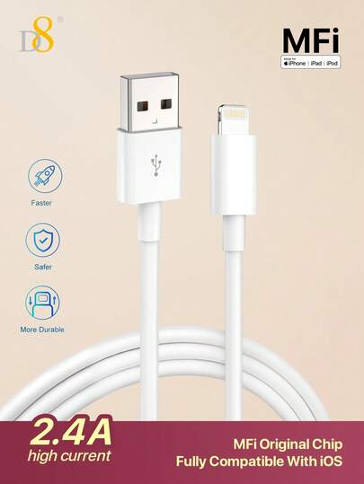 D8 USB-A 转 Lightning 充电线 1米 PVC USB 2.0 2.4A 快速充电和数据同步 兼容 14 Pro/14 Pro MAX/14 Plus/13 Mini/13/12/11 Pro MAX/XR/XS/X/8/7/6S/SE 2022/ Pro/Air/Mini | 防断裂加固连接器，防黄变 PVC，充电不发热。