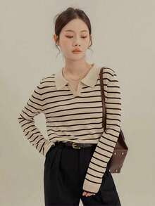 Suéter a rayas con cuello polo para mujer, suéter fino de primavera y otoño, top básico de punto, Jersey informal - Blanco - Ver 3