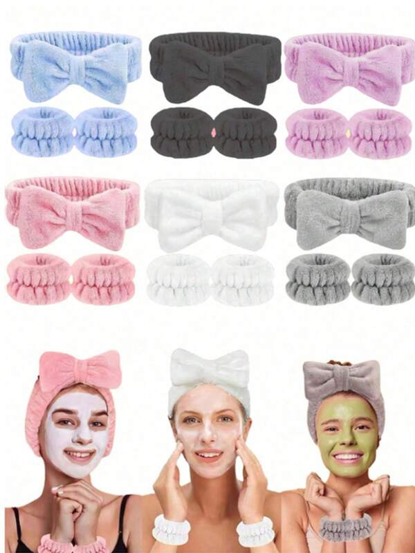 三件套奢华超细纤维SPA头带和腕带套装 - 1个洁面头带，2个洁面腕带，化妆头带，护肤头带，天鹅绒蓬松海绵头带，SPA头带，腕带，柔软舒适，一套女士洗脸、化妆、沐浴和护肤发饰，夏季度假发带