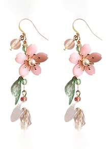 一对浪漫温柔的超仙气粉色花朵水滴吊坠长流苏耳环，适合女性玩耍、放松和度假时佩戴。 - 彩色 - 查看 3