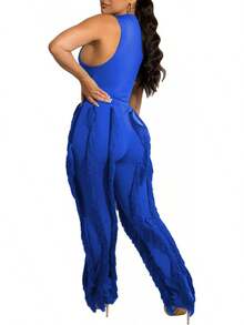 Women's 2 Piece Outfit Sleeveless Mock Neck Top And High Waisted Drawstring Fringe Tassel Pants Matching Set Clubwear - Blue - View 2