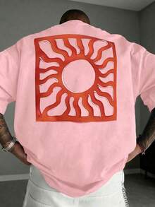 Camiseta de manga corta holgada con estampado abstracto retro del sol para hombre - Rosa - Ver 8