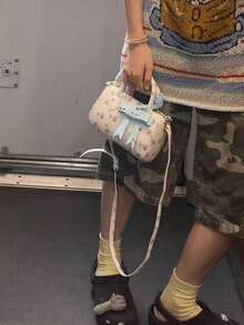 韩版复古纹理保龄球包，百搭时尚女式手提包，适合工作、通勤、外出、日常购物，肩枕包 - 彩色 - 查看 4