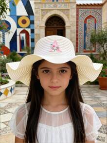 1顶女童A-Z粉色花朵字母白色优雅草帽宽檐防晒时尚外出/度假 - 白色 - 查看 3