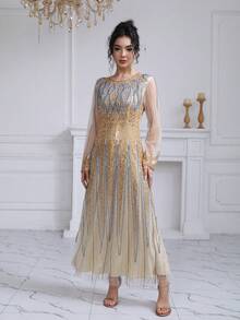 优雅杏色圆领晚礼服，饰以银色刺绣，适合派对和正式场合。 - 杏色 - 查看 3