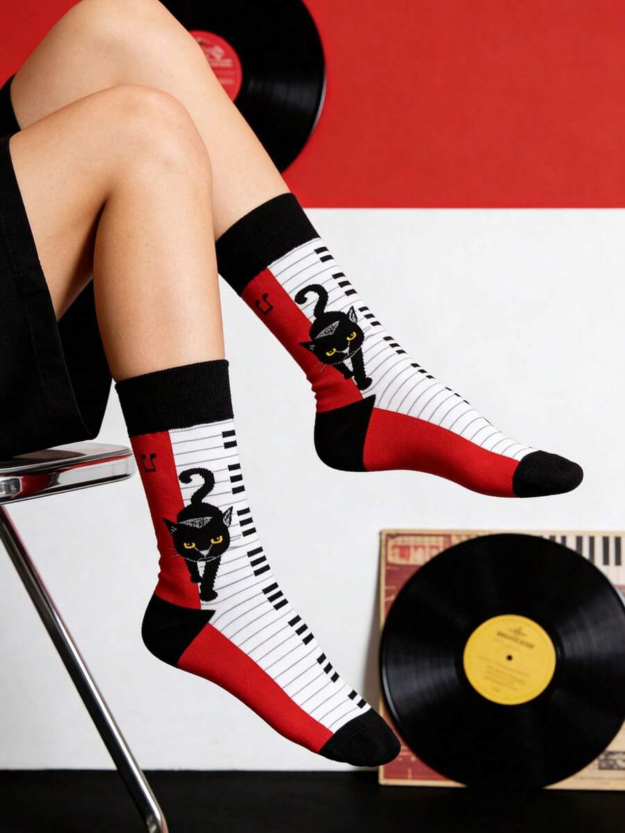 1 Pair Unisex Piano Cat Red Socks, Fashion Versatile Mid-Calf Socks, Suitable For All Seasons - Red - View 1