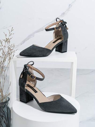 Women's Pointed Toe Suede Hollow Out Bowknot Chunky Heel Pumps, Versatile For Daily, Work, Business, Black, Plus Size