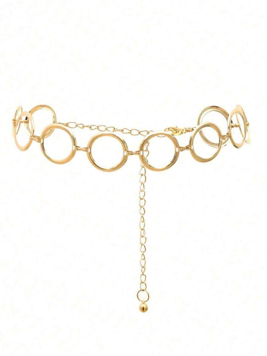 1pc Fashionable Geometric Hollow Metal Round Waist Chain, Suitable For Women's Daily Wear, Beach Vacation, Gift - Gold - View 1