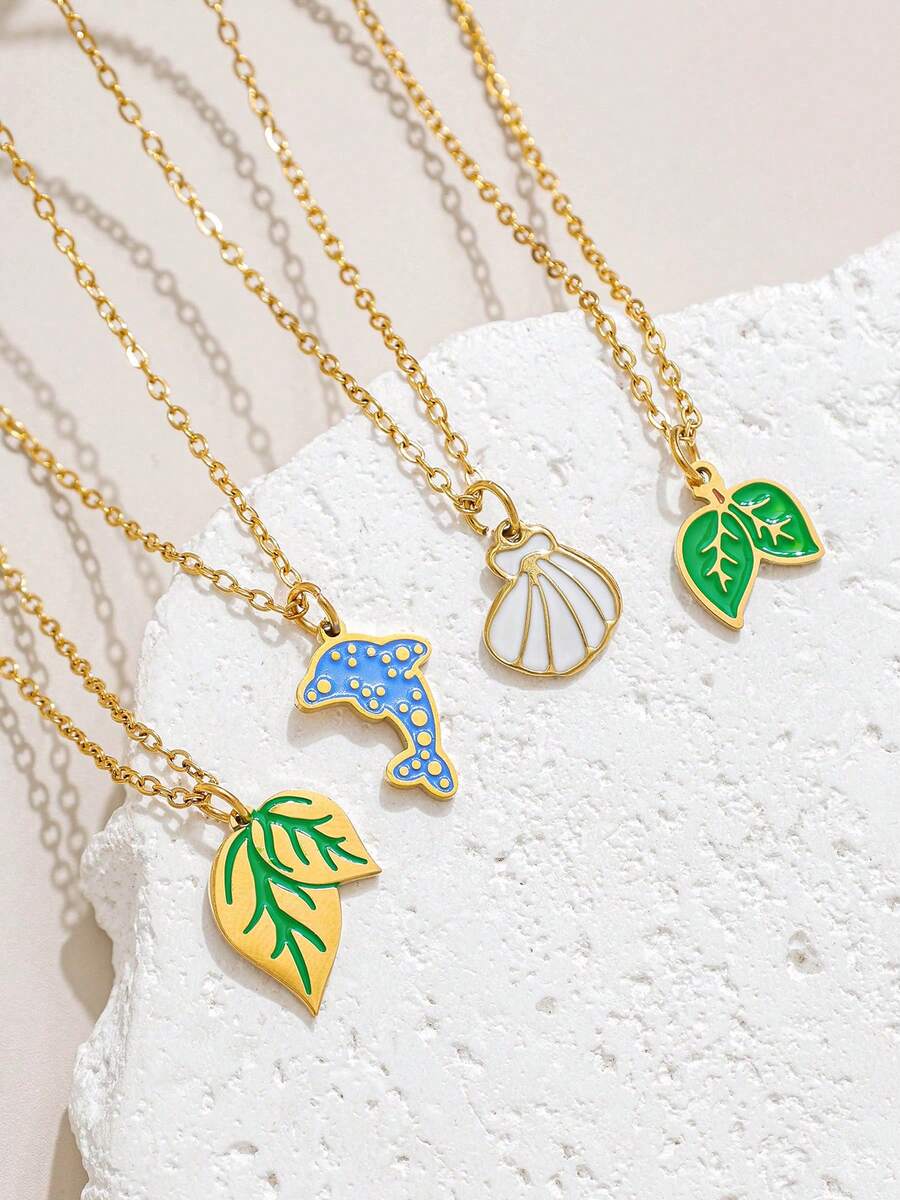 Mazuer 1pc Stainless Steel Drip Oil Pendant Necklace, Dolphin, Seashell, Leaf Design Clavicle Chain, Jewelry Gift For Women, Friendship