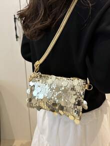 1 chiếc túi vuông nhỏ bằng PVC đính sequin, kiểu dáng chần bông, có thể đóng mở, dùng làm ví đựng tiền xu và điện thoại, túi dự tiệc, túi đeo chéo thời trang mới, túi đeo vai lấp lánh sang trọng, phù hợp cho phụ nữ tham dự tiệc và các sự kiện. - Vàng - Xem 8