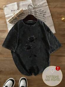 Tricou de damă cu mânecă scurtă, din bumbac spălat, mărime mare. Model cu trandafiri, croială retro lejeră. Stil streetwear Y2K la modă. Stil universitar, îmbrăcăminte de damă versatilă Y2K la modă, potrivită pentru naveta la serviciu. Negru, casual. - Negru - Vizualizare 5
