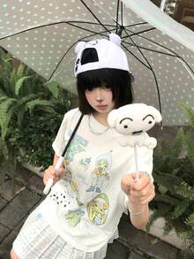 可爱动漫风卡通少女印花落肩宽松T恤 原宿风休闲上衣 - 白色 - 查看 1