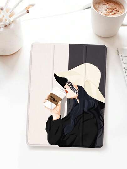 1个咖啡女孩侧脸图案平板电脑保护套，兼容iPad 10.2英寸（2021/2020款，第十/九/八代，A16芯片）、11英寸（第十一代，2025款）、三星Galaxy Tab A8 10.5英寸（2022款），带笔槽，支持自动睡眠/唤醒功能。