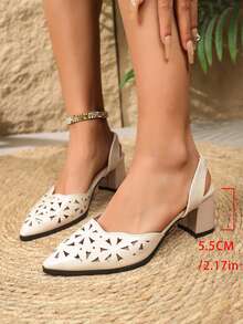 Pointed Toe Slingback Block Heel Sandals, Patent Leather Shiny / Geometric Hollow Out Breathable Styles, Black & White Options, Spring & Summer Commuter Versatile Mid Heel Women's Shoes - White - View 1