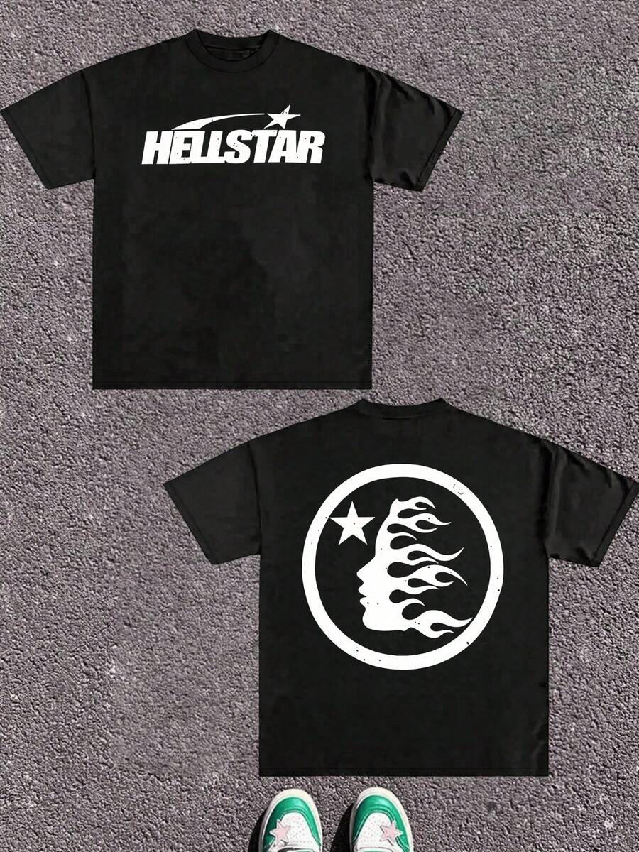 1Pcs Men's Double Sided Flame Star Face Graphic T Shirt Vintage Casual Streetwear Crew Neck Short Sleeve  Inspired Printed Casual T Shirt Summer Tee Gift Fashion Retro Style - 黑色 - 查看 1