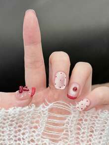 10pcs/Set Press On Nail Art, Red Dreamy Note, Pink Series, Bowknot, Sparkling, Glass Beads, Cat's Eye, Piled Up Rhinestones, Adorable Handmade Wearable Nails - Multicolor - View 4